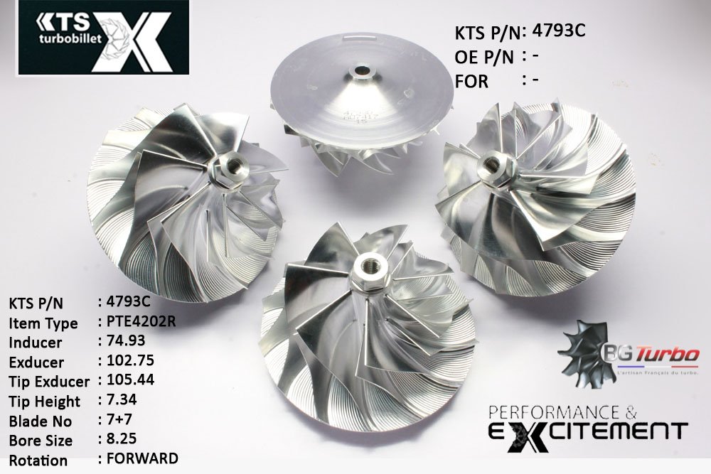 Turbo ROUE FORGÉE MFS PERFORMANCE - 7+7 PALES - INDUCER : 74,93 - EXDUCER : 102,75 - TYPE : PTE4202RANGLE : 60° - ROTATION : Forward - SUPER BACK : 9,51 - BORE SIZE : 8,25
